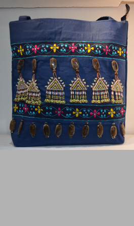 BLUE JEANS BAG WITH AFGHANI BEAD WORK ORNAMANTATION