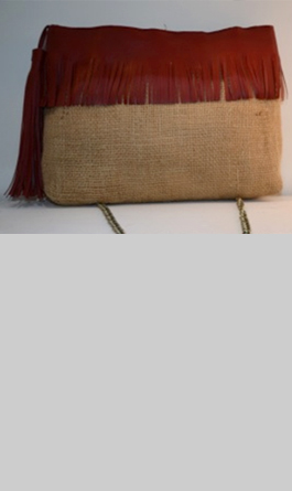 BROWN JUTE BAG/LEATHER FRINGE